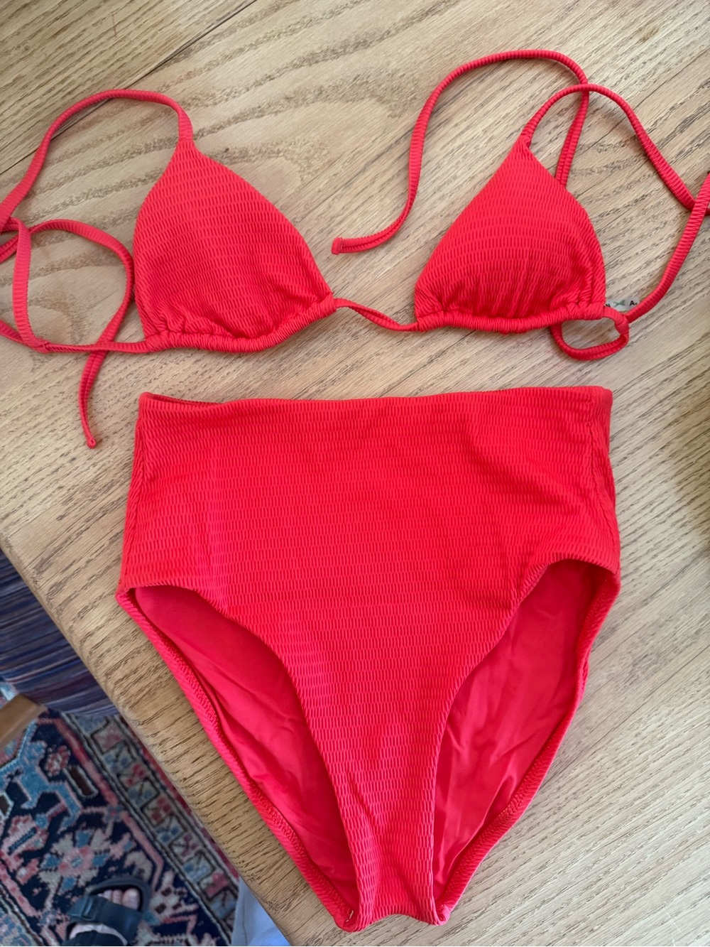 Vitamin A Red Ribbed Triangle Bikini Top with High Waist Bottoms